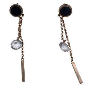Tuqia Women’s Stainless Steel Tassel Earrings 8mm‎ Clear Crystal Dangle Gold